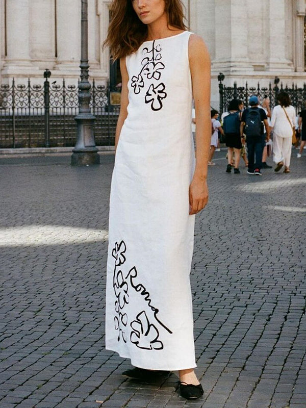 Loose Sleeveless Flower Print Tied Waist Round-Neck Maxi Dresses