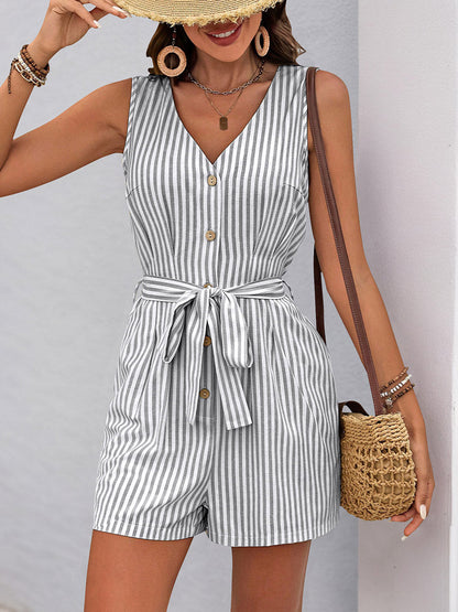 Elasticated Waist High Waisted Buttoned Pockets Striped Tied Waist V-Neck Rompers