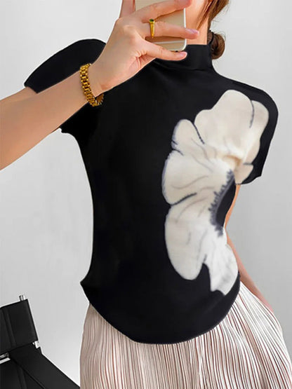 Short Sleeves Skinny Flower Print High Neck T-Shirts Tops