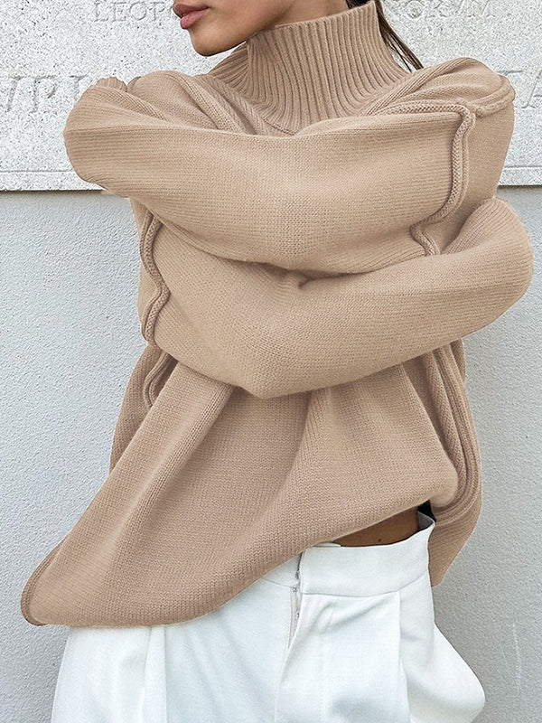 Long Sleeves Loose Solid Color Split-Joint High Neck Pullovers Sweater Tops