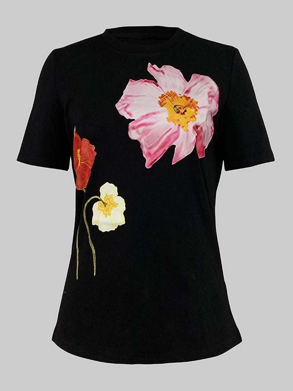 Short Sleeves Skinny Floral Printed Split-Joint Round-Neck T-Shirts