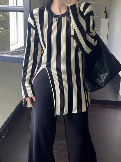 Long Sleeves Loose Pleated Split-Front Striped Round-Neck T-Shirt Top + Pants Bottom Two Pieces Set