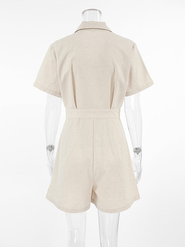 High Waisted Loose Buttoned Pleated Pockets Solid Color Split-Joint Notched Collar Rompers