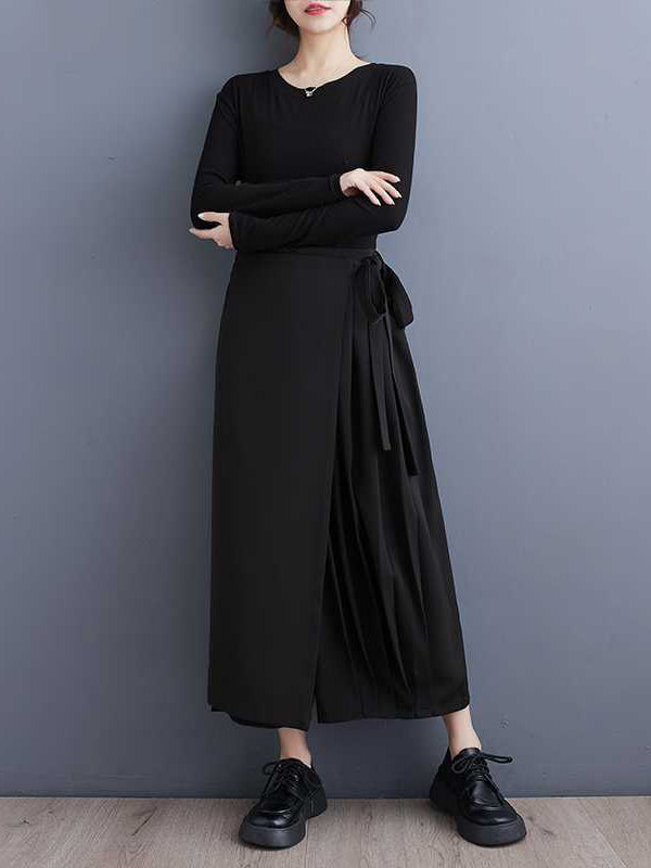 False Two High Waisted Asymmetric Elasticity Solid Color Tied Waist Culotte Ninth Pants