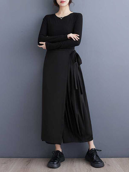 False Two High Waisted Asymmetric Elasticity Solid Color Tied Waist Culotte Ninth Pants