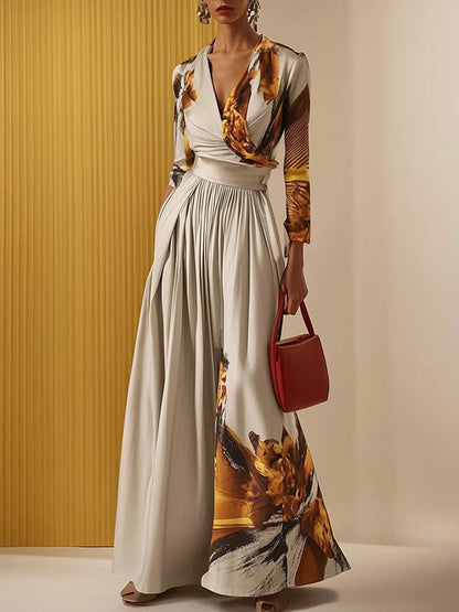 Long Sleeves Loose Floral Printed Pleated Split-Joint V-Neck Jumpsuits