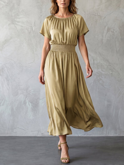 Batwing Sleeves High Waisted Elasticity Solid Color Round-Neck Maxi Dresses