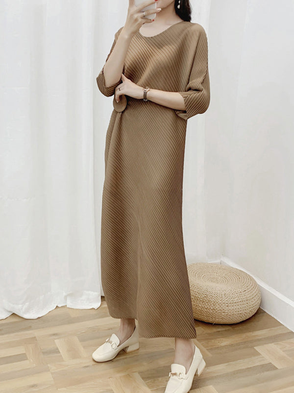 Half Sleeves Irregular Clipping Pleated Solid Color Round-Neck Midi Dresses