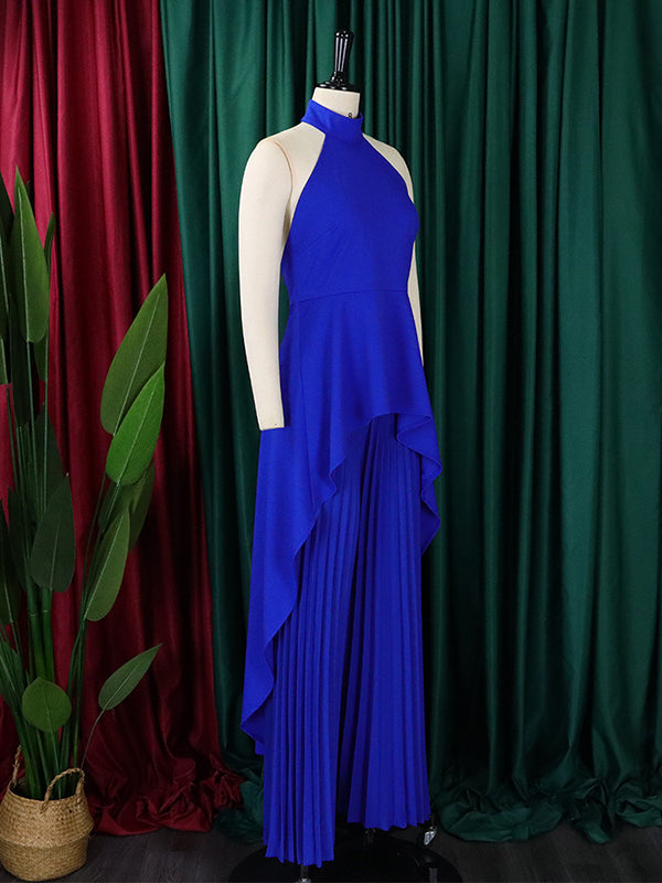 Loose Backless Lacy Solid Color Halter-Neck Vest Top + High-Low Pants Bottom Two Pieces Set