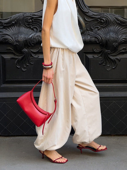 Elasticated Waist High Waisted Drawstring Pleated Solid Color Ankle-Tied Pants