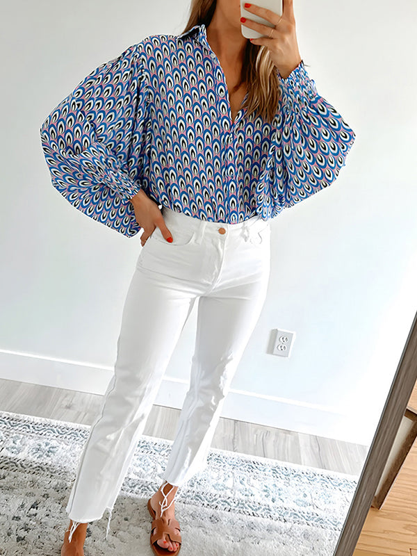 Long Sleeves Loose Buttoned Contrast Color Elasticity Lapel Blouses&Shirts Tops