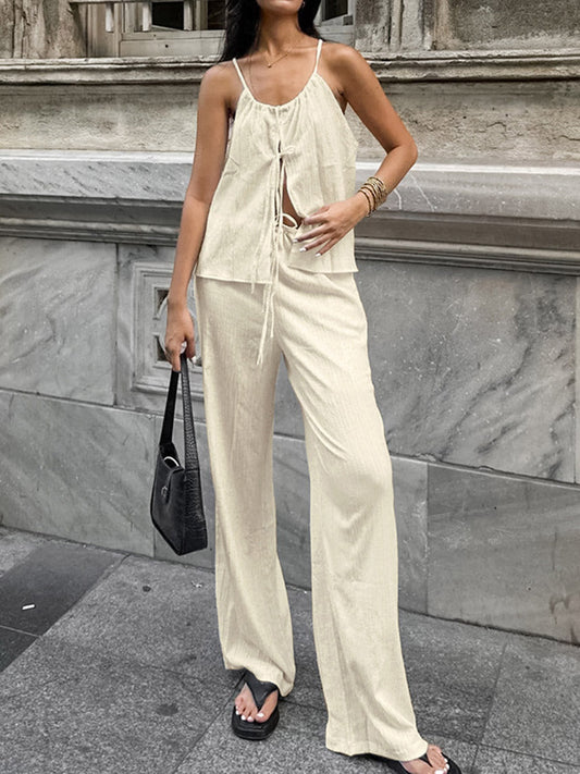 Solid Color Halter-Neck Cropped Pleated Split-Joint Tank Top + High Waisted Elasticity  Tied Waist Pants Trousers Two Pieces Set