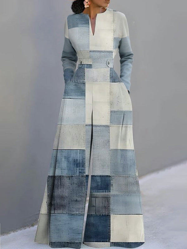 Long Sleeves Loose Printed V-Neck Jumpsuits
