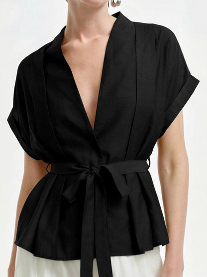 Loose Short Sleeves Buttoned Solid Color Tied Waist V-Neck Blouses&Shirts Tops