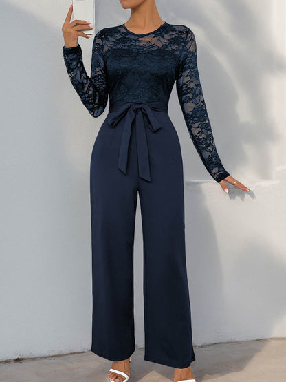 Column High Waisted See-Through Solid Color Split-Joint Tied Waist Round-Neck Jumpsuits