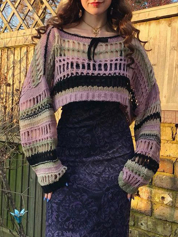 Long Sleeves Loose Drawstring Hollow Split-Joint Round-Neck Sweater Tops