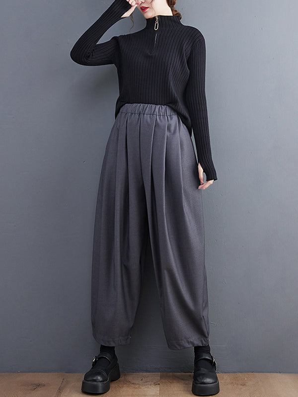 Casual Wide Leg Loose Pleated Solid Color Pants
