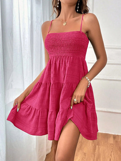 Elasticated Waist High Waisted Pleated Solid Color Split-Joint Spaghetti-Neck Mini Dresses