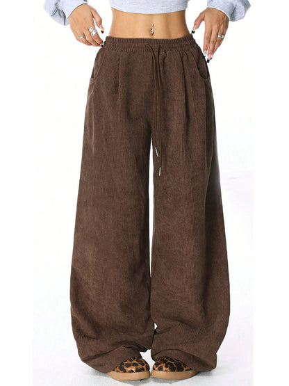 High Waisted Wide Leg Drawstring Elasticity Pockets Solid Color Pants Trousers