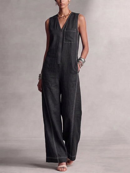 High Waisted Sleeveless Contrast Color Pockets Zipper V-Neck Jumpsuits