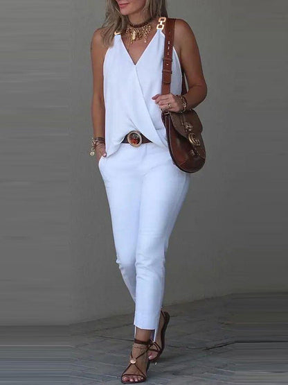 Sleeveless Solid Color Split-Joint V-Neck Vest Top