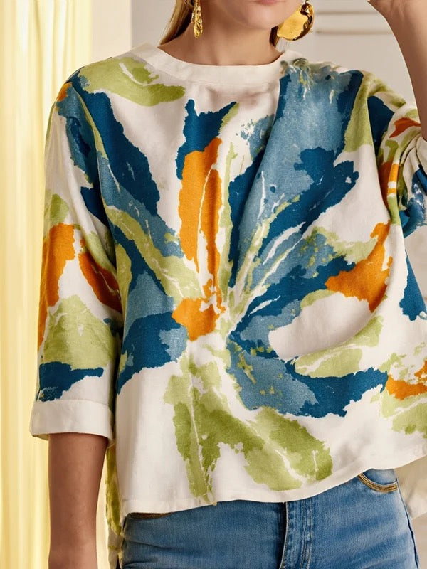 Half Sleeves Loose Contrast Color Flower Print Round-Neck T-Shirts Tops