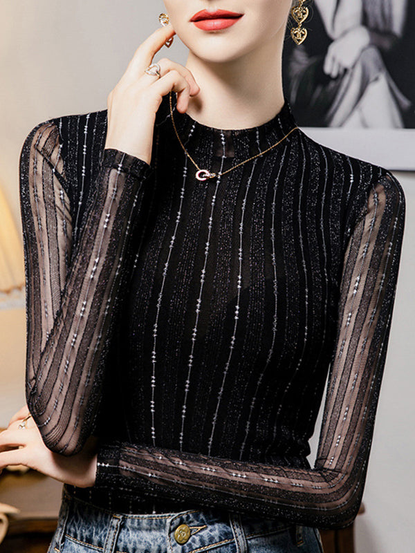 Long Sleeves Plus Size See-Through Striped Mock Neck T-Shirts Tops