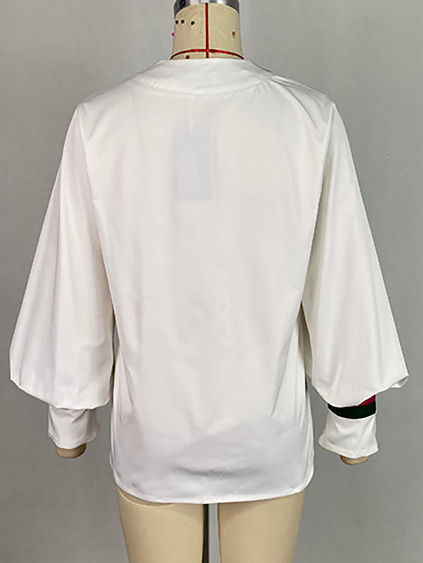 Long Sleeves Loose Contrast Color Pleated V-Neck Blouses&Shirts Tops