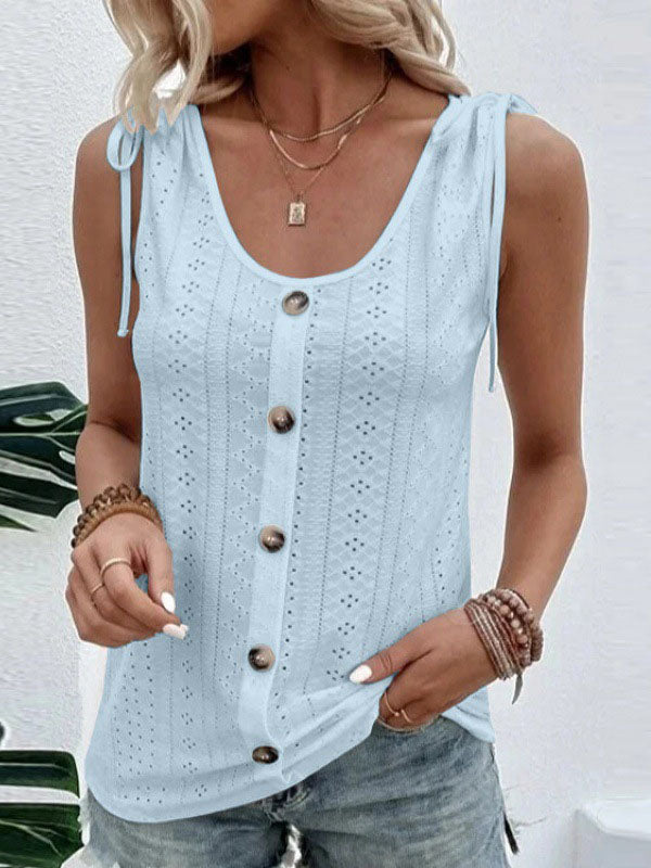 Loose Plus Size Buttoned Hollow Pleated Split-Joint Tied U-neck Vest Top