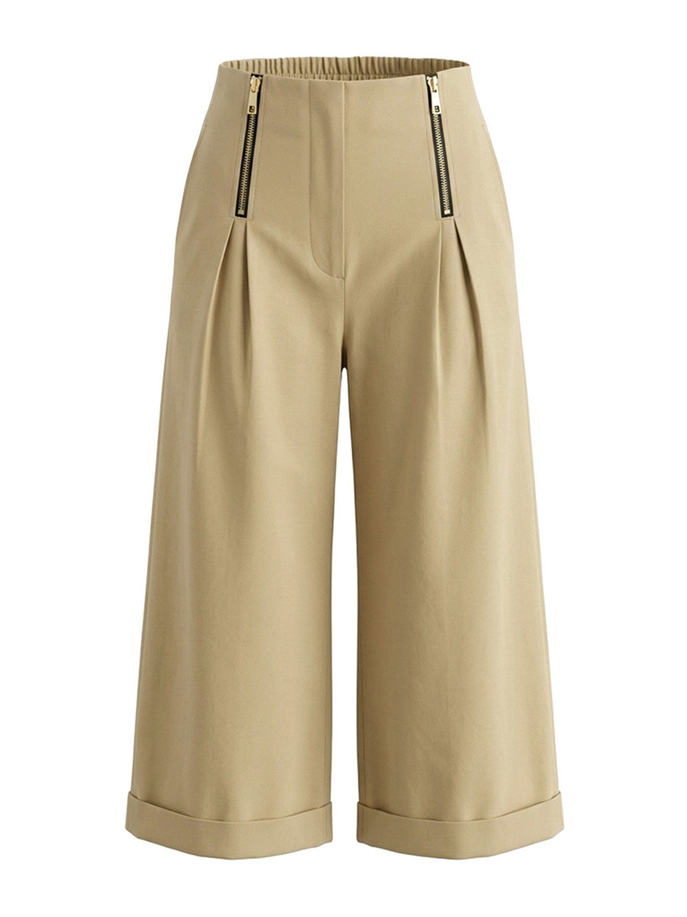 High Waisted Wide Leg Elasticity Pleated Pockets Solid Color Zipper Capri-Pants Cropped Trousers