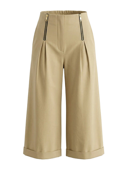 High Waisted Wide Leg Elasticity Pleated Pockets Solid Color Zipper Capri-Pants Cropped Trousers
