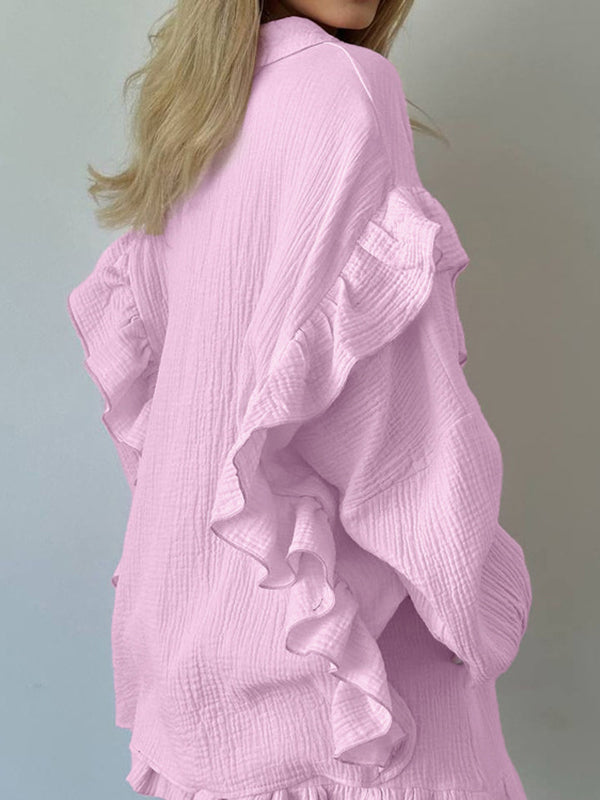 Long Sleeves Loose Buttoned Ruffle Trim Solid Color Split-Joint Lapel Blouses Tops + Elasticity Shorts Bottom Two Pieces Set