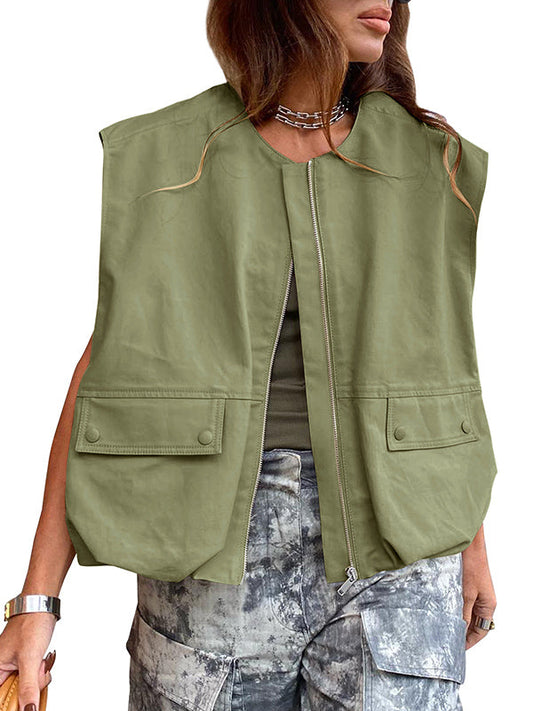 Loose Sleeveless Pockets Split-Joint Zipper Round-Neck Vest Outerwear