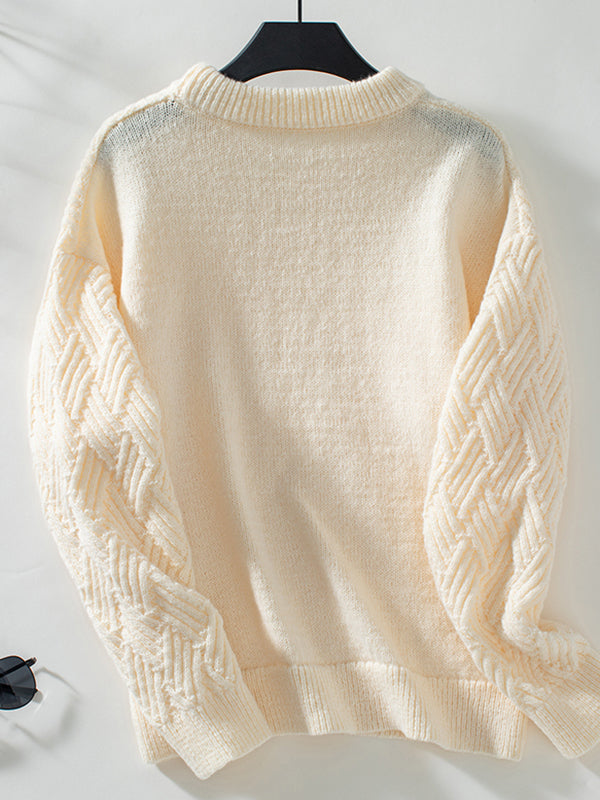 Long Sleeves Loose Solid Color Split-Joint Round-Neck Pullovers Sweater Tops