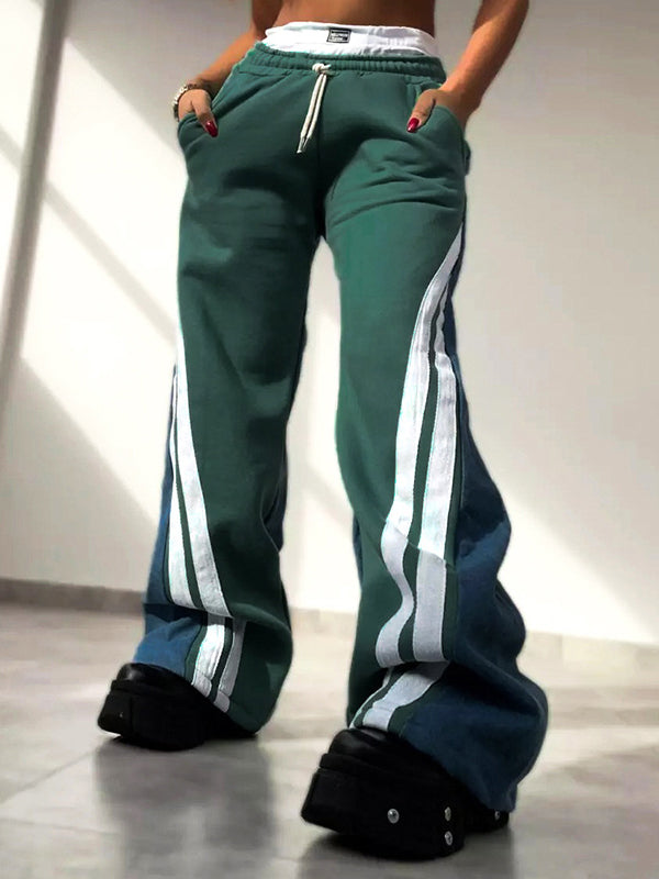 High Waisted Loose Drawstring Elasticity Pockets Denim Split-Joint Pants Trousers