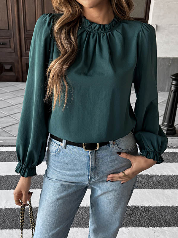 Long Sleeves Loose Elasticity Pleated Ruffle Trim Solid Color Mock Neck Blouses&Shirts Tops