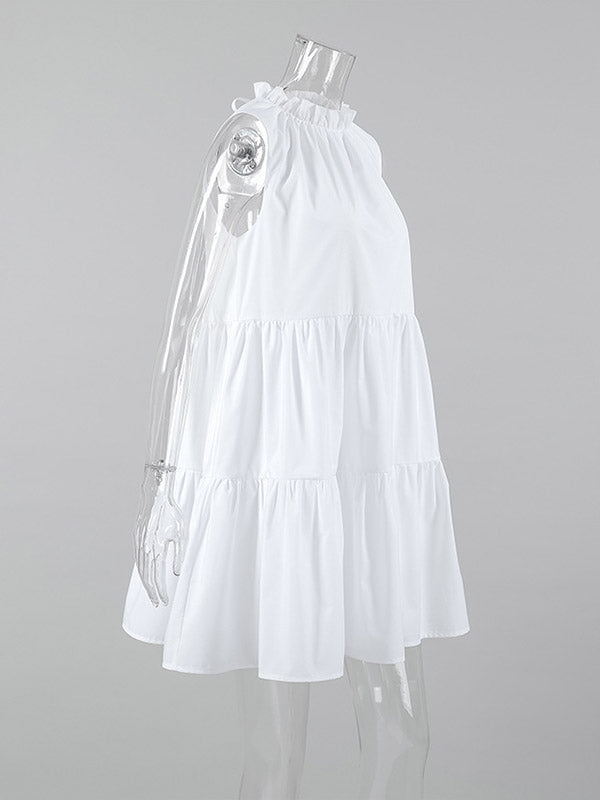 A-Line Loose Pleated Ruffled Solid Color Split-Joint Round-Neck Mini Dresses Shirt Dress