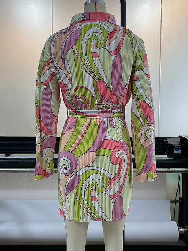 Long Sleeves Loose Buttoned Pleated Printed Tied Waist Lapel Mini Dresses