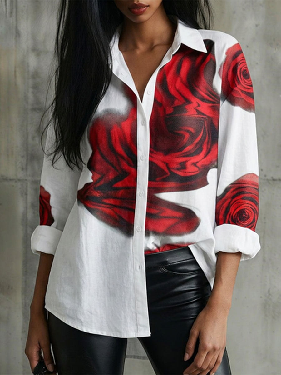 Flower Print Contrast Color Buttoned Loose Long Sleeves Lapel Blouses&shirts Tops