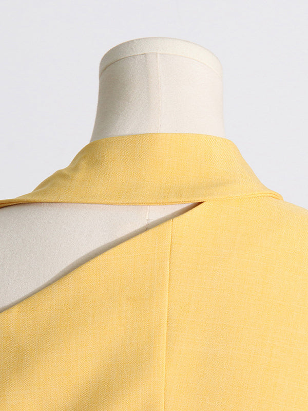 Long Sleeves Loose Asymmetric Buttoned Hollow Solid Color Tied Asymmetric Collar Blazer