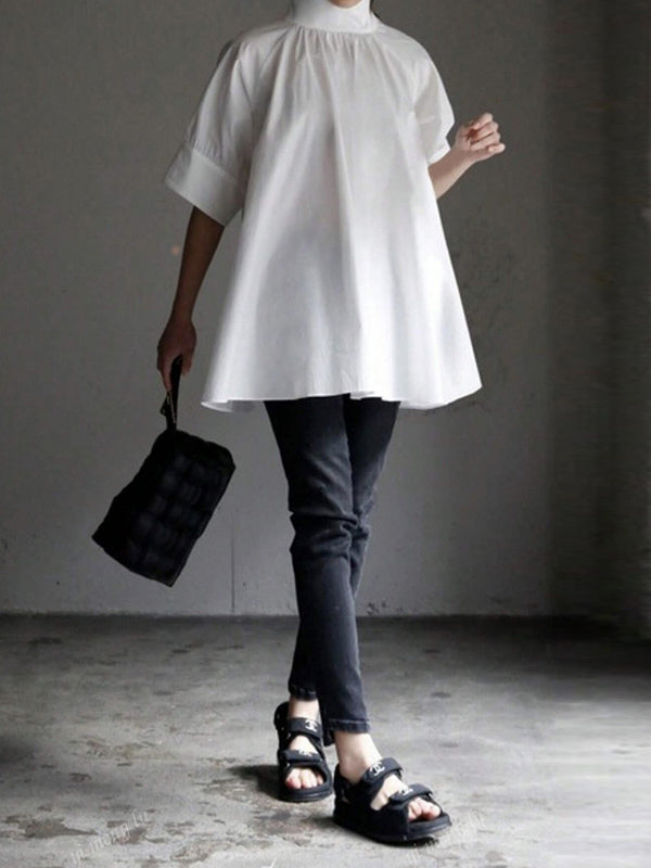 Half Sleeves Loose Solid Color High Neck Blouses&Shirts Tops