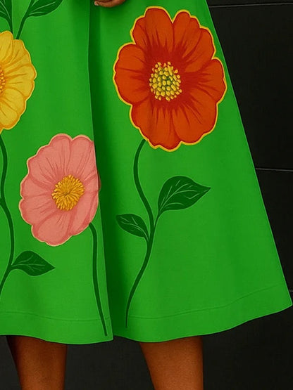 A-Line Loose Flower Print V-Neck Midi Dresses