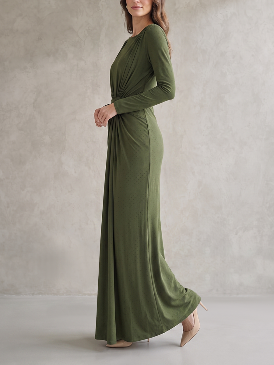 Solid Color Knot Long Sleeves Bodycon Round-neck Maxi Dresses