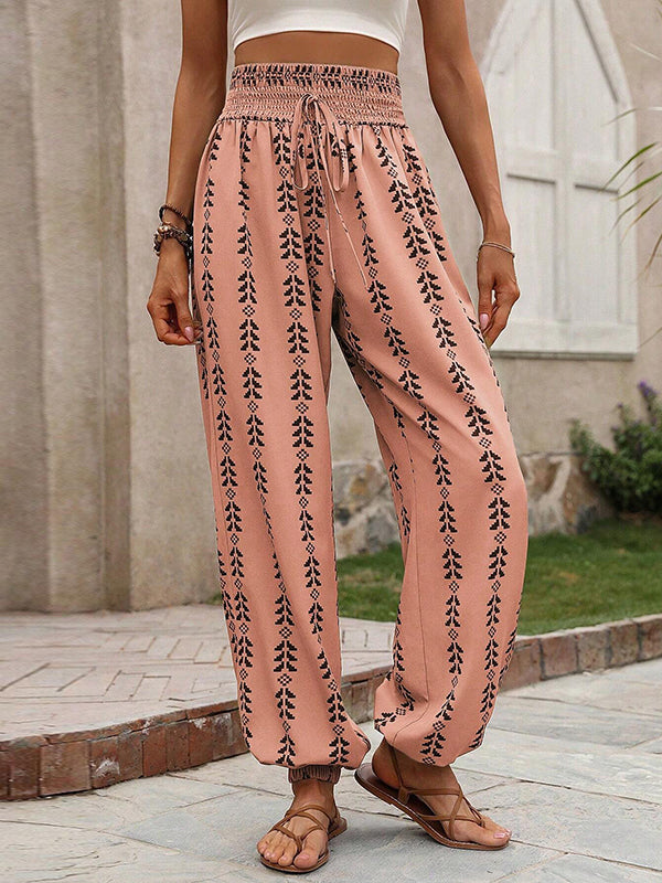 High Waisted Loose Drawstring Elasticity Pleated Printed Knickerbockers Pants Trousers