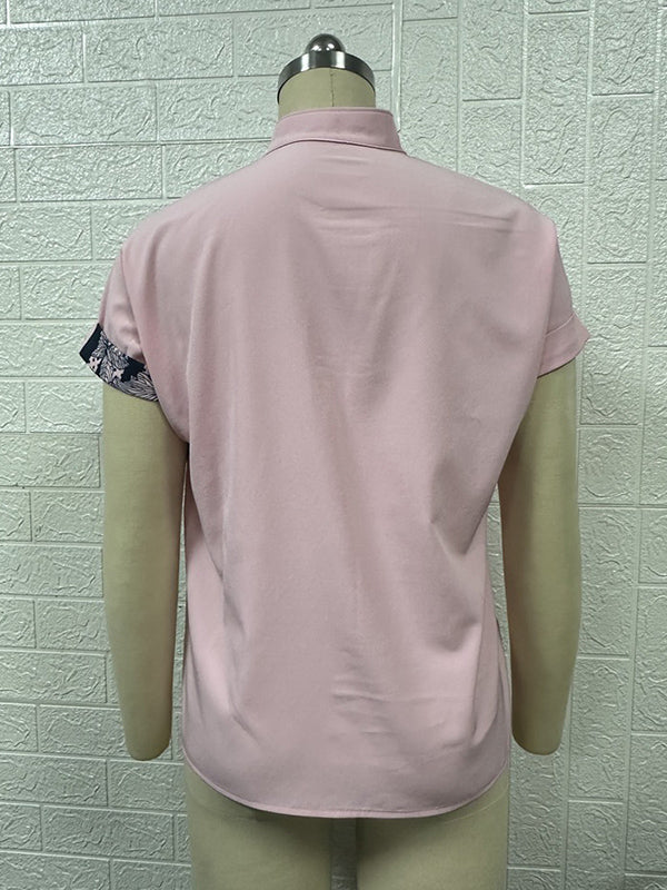 Loose Short Sleeves Buttoned Contrast Color Flower Print Striped V-Neck Blouses&Shirts Tops