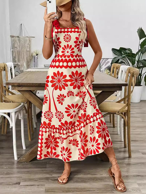 A-Line Loose Elasticity Flower Print Pleated Tied Spaghetti-Neck Midi Dresses