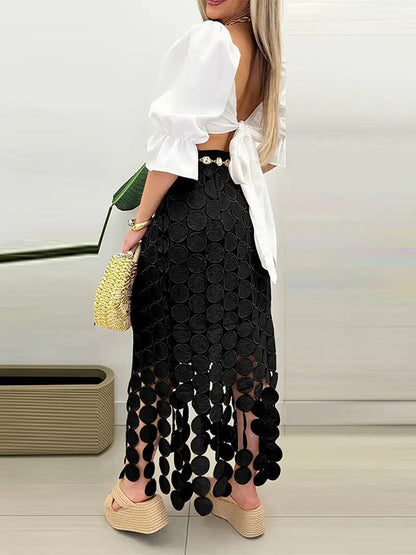 Bodycon High Waisted Solid Color Split-Joint Tasseled Skirts