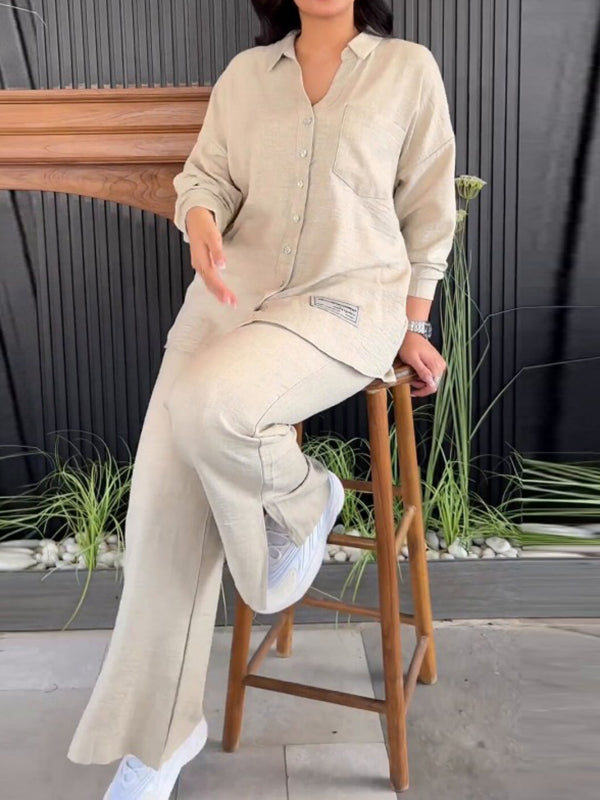 Solid Color Long Sleeves Buttoned Lapel Shirts Top + Split-Side High Waisted Pants Bottom Two Pieces Set