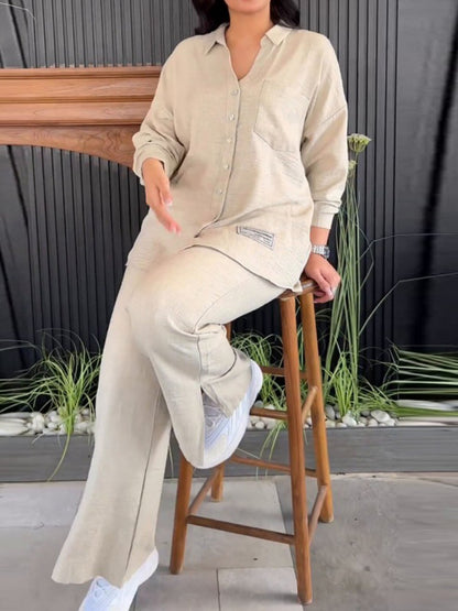 Solid Color Long Sleeves Buttoned Lapel Shirts Top + Split-Side High Waisted Pants Bottom Two Pieces Set
