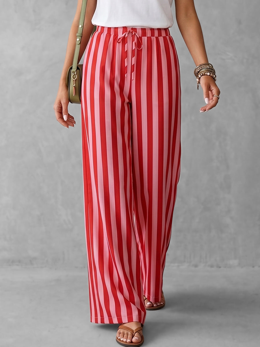 High Waisted Loose Contrast Color Drawstring Elasticity Pockets Striped Pants Trousers